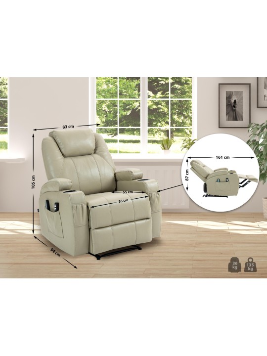 Hepler-nojatuoli hierontatoiminnolla keinonahkaa, kermanvärinen