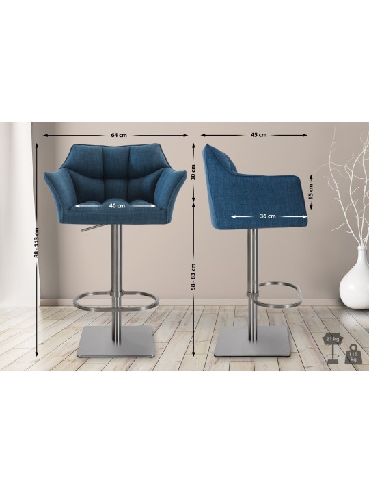2 baarituolisarja Damaso kangas ruostumaton teräs, sininen