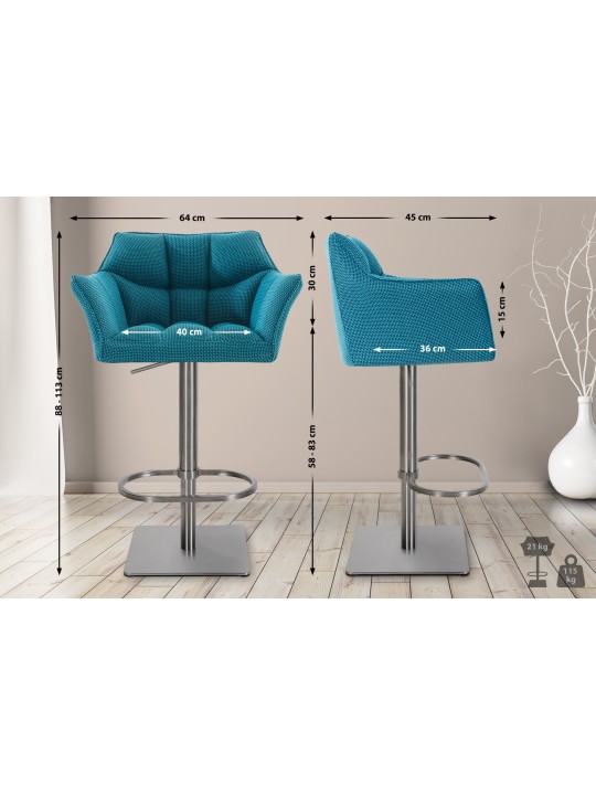 2 baarituolisarja Damaso kangas ruostumaton teräs, turkoosi
