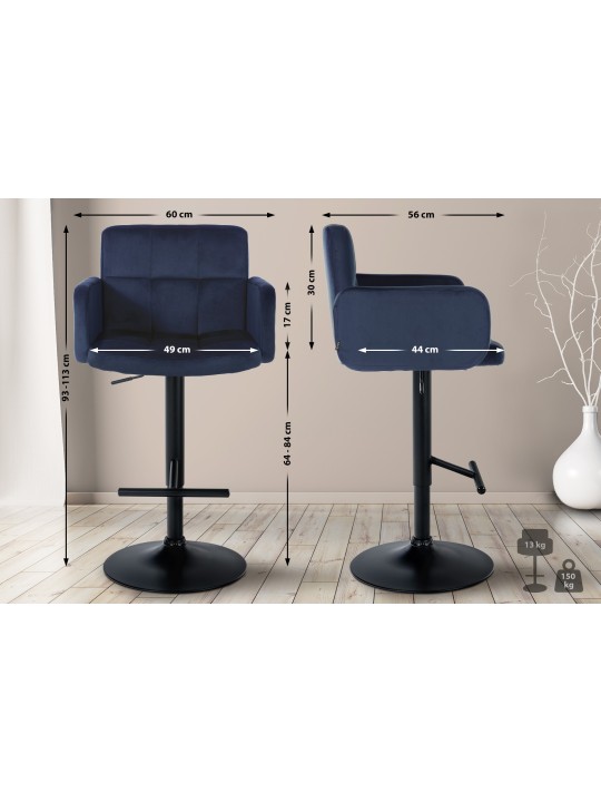 2 baarituolia, Los Angeles velvet, sininen